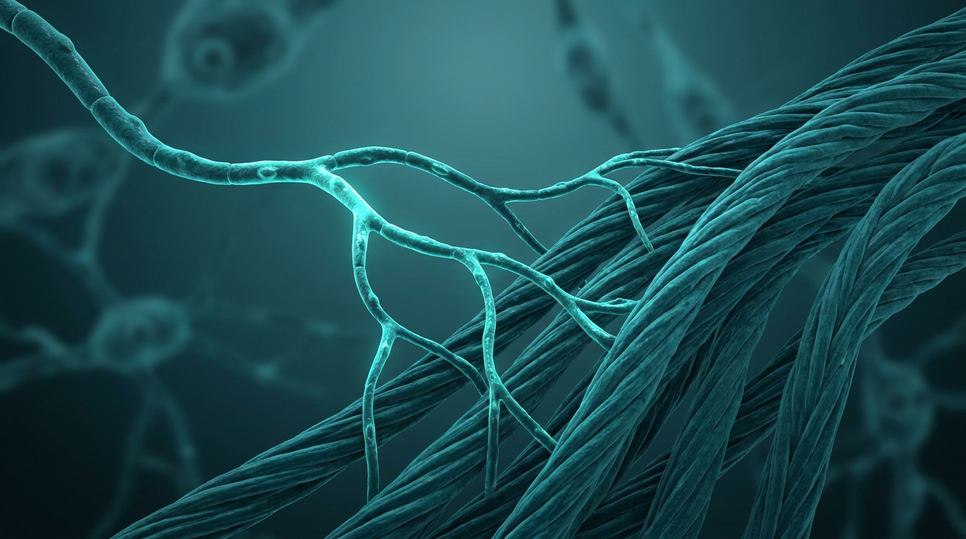 Abstract editorial illustration: undefined, representing new blood-vessel growth (angiogenesis) sprouting toward healing tendon tissue. PeptidePanel teal-and-cream palette.