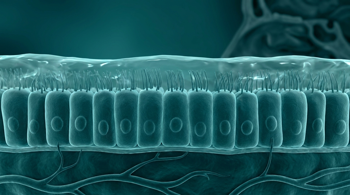 Abstract editorial illustration: undefined, representing the cellular lining of the nasal passage (mucosal epithelium). PeptidePanel teal-and-cream palette.