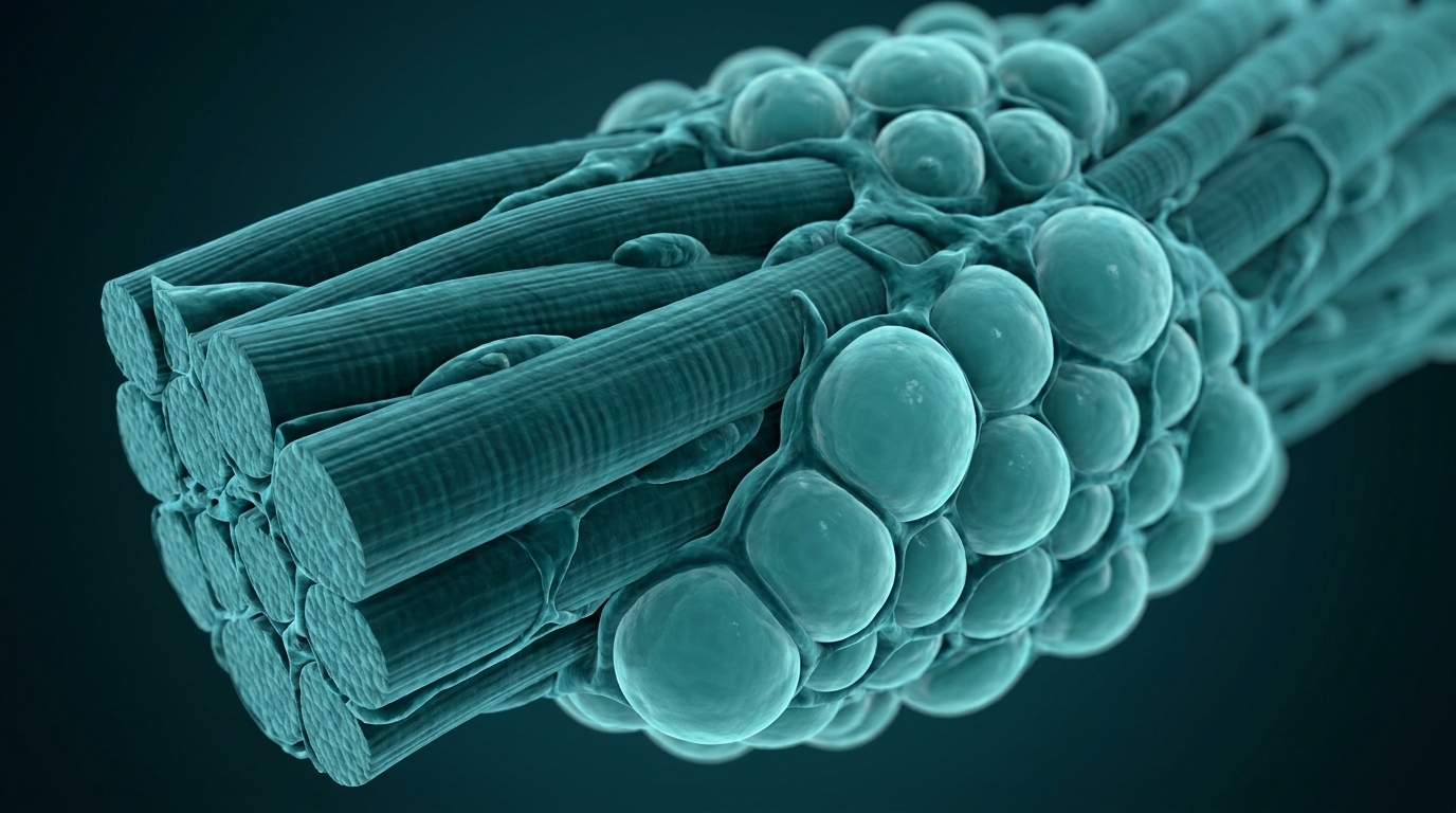 Abstract editorial illustration: undefined, representing skeletal muscle fibers alongside fat (adipose) cells (body-composition tissue view). PeptidePanel teal-and-cream palette.