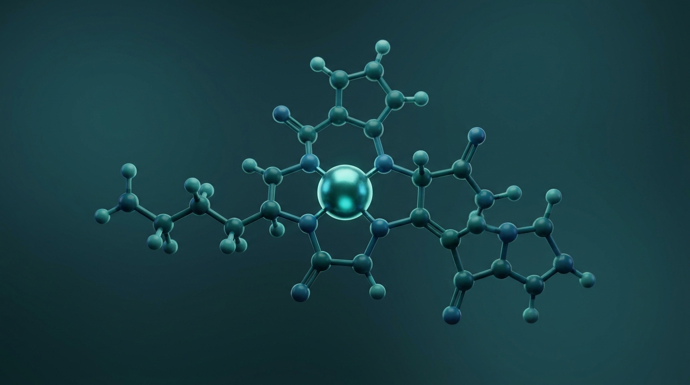 Abstract editorial illustration: undefined, representing the copper-tripeptide GHK-Cu molecule with its bound copper ion, as a 3D structure. PeptidePanel teal-and-cream palette.
