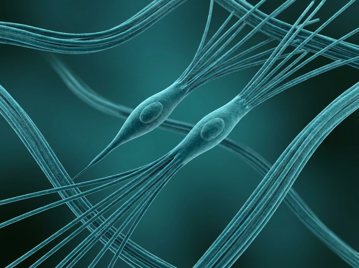Supporting figure: fibroblast cells in the dermis extruding new collagen fibrils into the surrounding matrix.