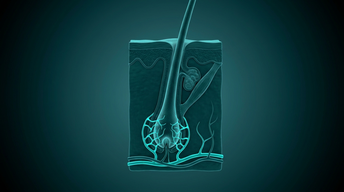 Scientific illustration: a hair follicle in cross-section surrounded by the fine capillary network that feeds it in the scalp dermis.