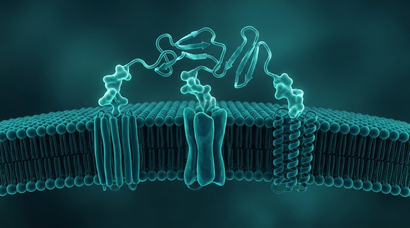 Abstract editorial illustration: undefined, representing one triple-agonist peptide engaging three distinct receptors (GIP, GLP-1, glucagon) on a cell membrane. PeptidePanel teal-and-cream palette.