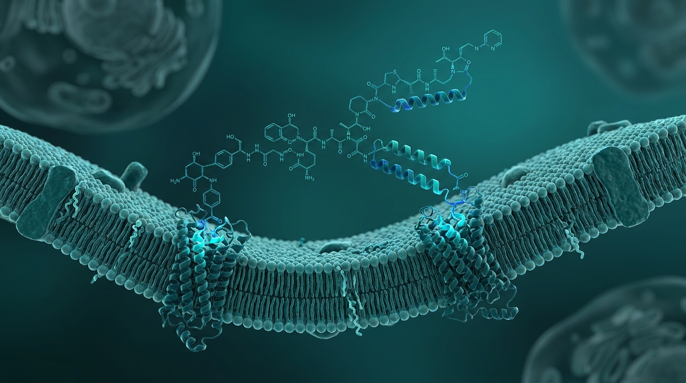 Scientific illustration: the tirzepatide dual-agonist peptide molecule binding a receptor on a cell membrane.