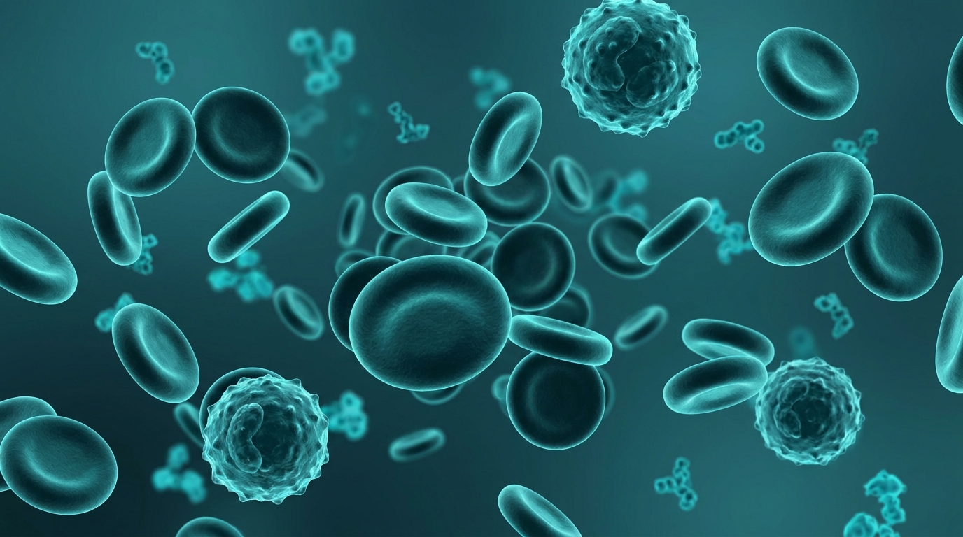 Scientific illustration: a blood sample at the cellular level — red blood cells, white cells, and molecules in plasma.