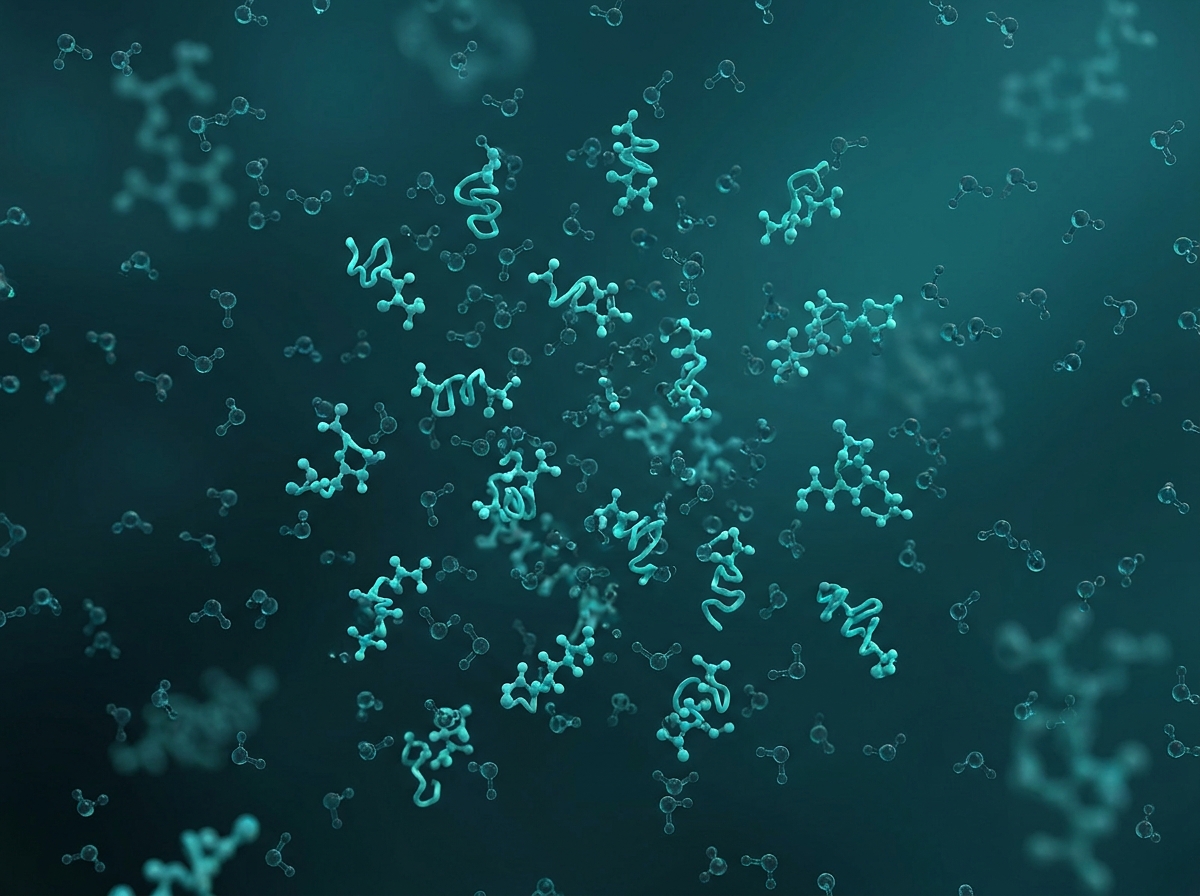 Supporting figure: undefined, illustrating peptide molecules dispersing evenly through water at the molecular level.