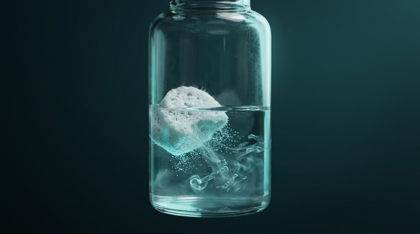 Abstract editorial illustration: undefined, representing lyophilized peptide powder dissolving into clear solution inside a glass lab vial. PeptidePanel teal-and-cream palette.