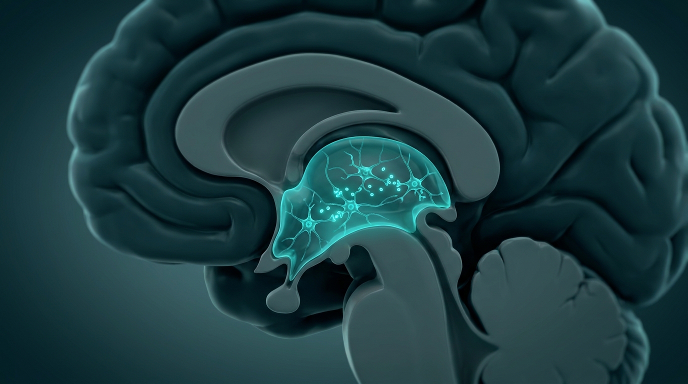 Scientific illustration: the hypothalamus appetite-control region of the brain receiving a satiety signal.