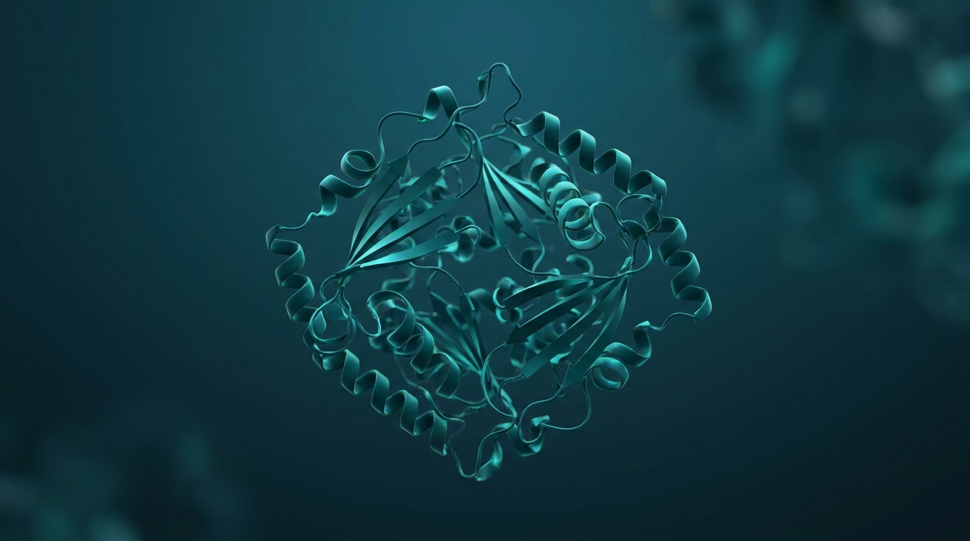 Abstract editorial illustration: undefined, representing the IGF-1 protein molecule rendered as a detailed 3D folded structure. PeptidePanel teal-and-cream palette.