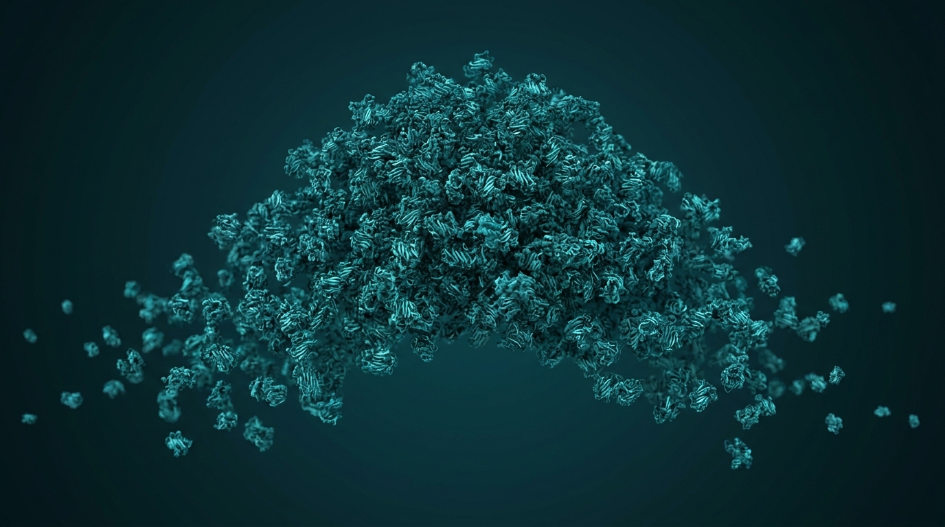Scientific illustration: a population spread of IGF-1 molecule concentrations rendered as a smooth bell-shaped cloud of particles, dense through the middle and thinning to sparse at both edges.