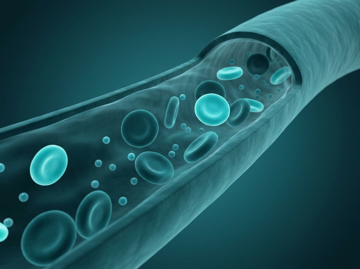 Supporting figure: undefined, illustrating red blood cells and glucose molecules flowing through a blood vessel.