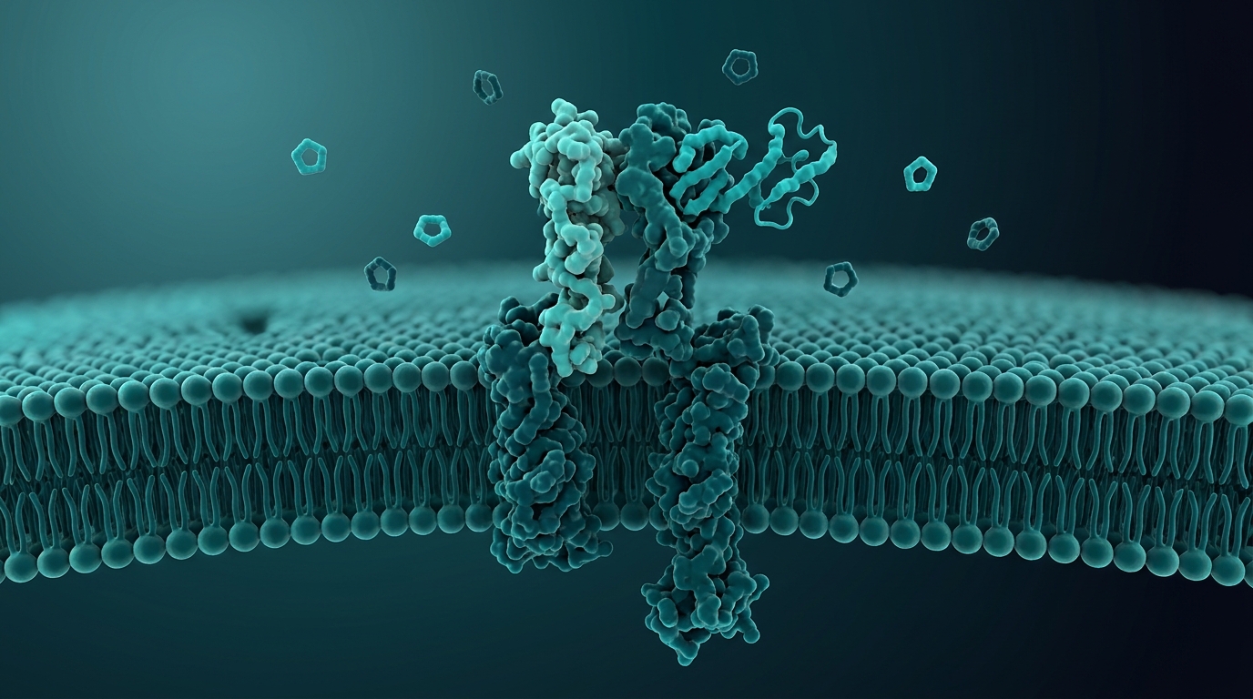 Abstract editorial illustration: undefined, representing an insulin molecule binding an insulin receptor on a cell membrane, with glucose nearby. PeptidePanel teal-and-cream palette.