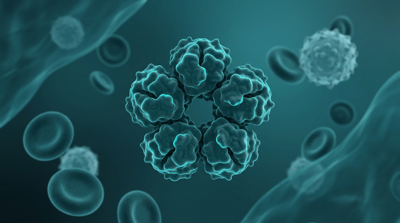 Abstract editorial illustration: a line chart of a blood marker trending across several time points, overlaid on plasma proteins and hormone molecules. PeptidePanel teal-and-cream palette.