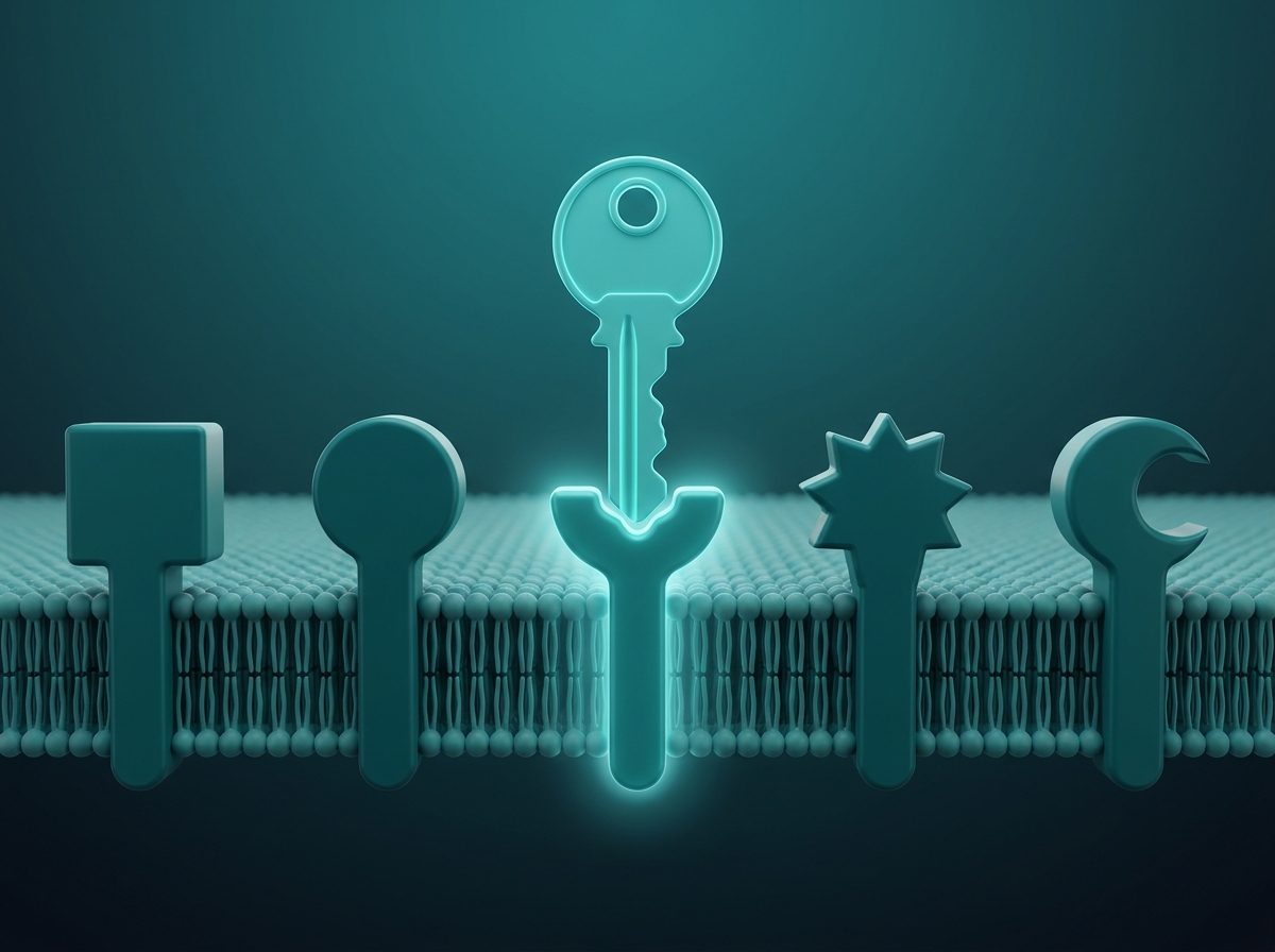 Supporting figure: a key-shaped signaling molecule selecting only its one matching receptor among a row of mismatched receptor shapes.