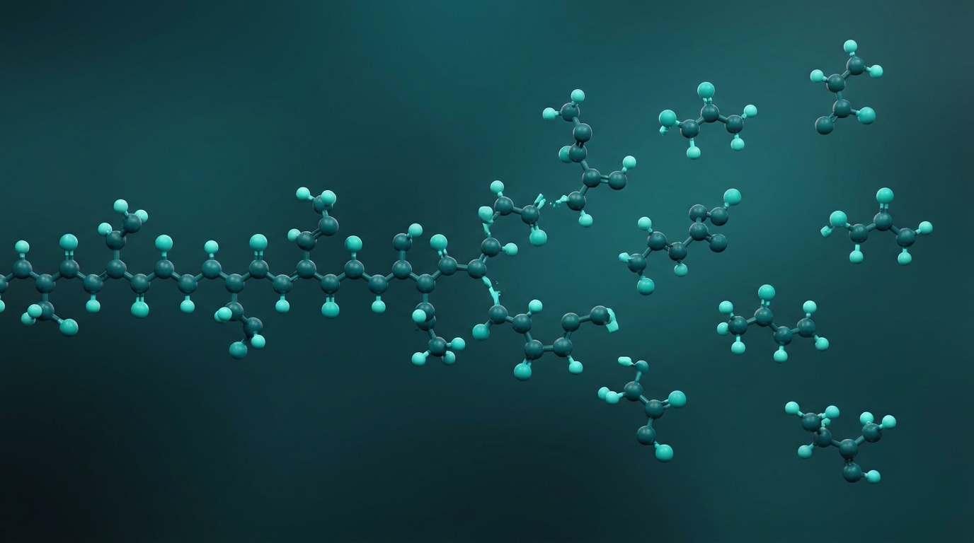 Scientific illustration: a short signaling peptide being broken back down into its individual amino-acid building blocks.