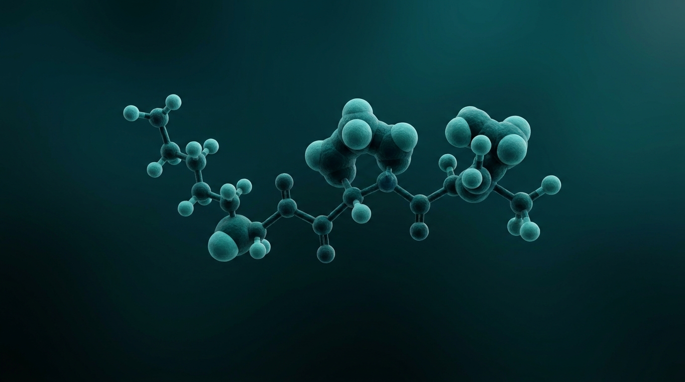 Scientific illustration: the KPV tripeptide — a compact three-residue chain of lysine, proline and valine — as a detailed 3D molecular structure.