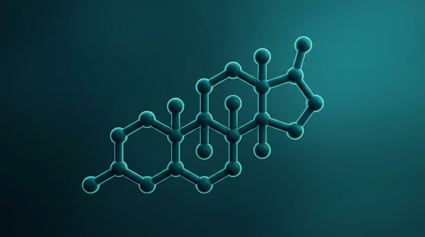 Scientific illustration: a testosterone steroid molecule rendered as a detailed 3D four-ring structure.