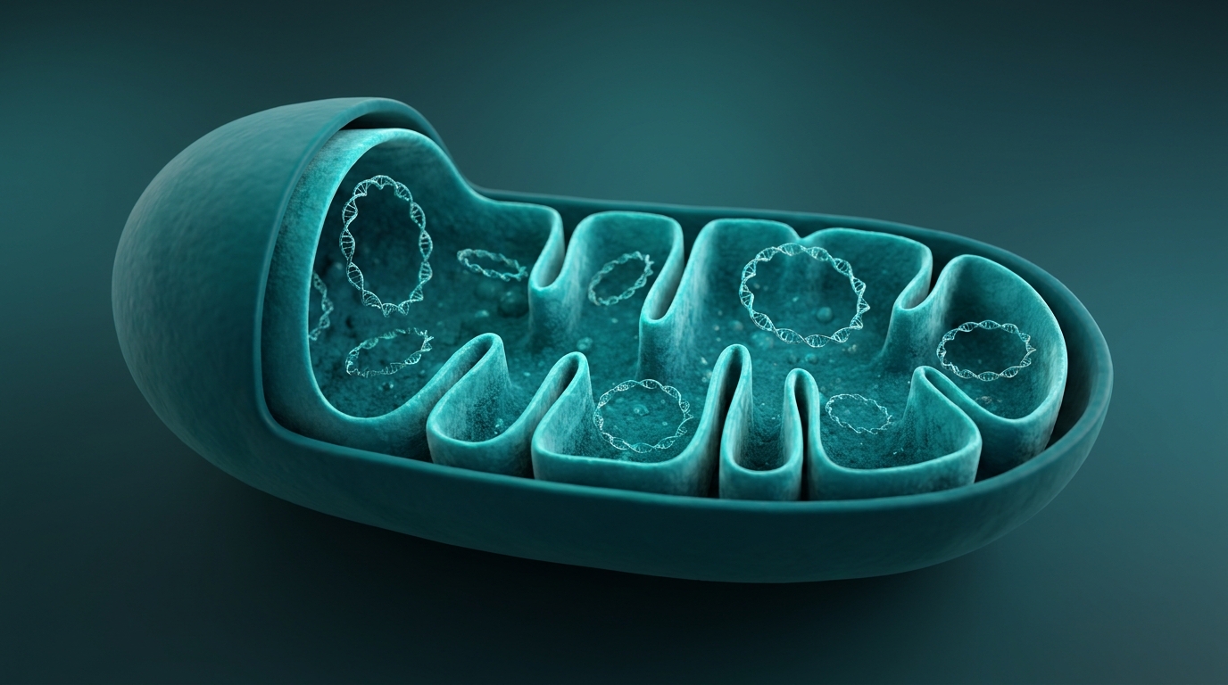 Scientific illustration: a mitochondrion with its circular mitochondrial DNA visible inside (the source of the peptide).