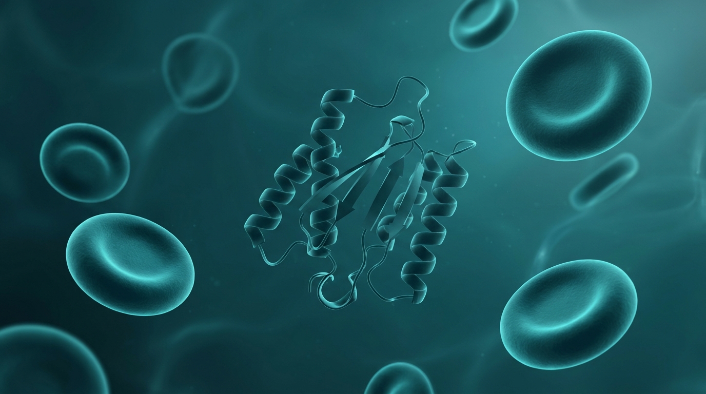 Abstract editorial illustration: undefined, representing the IGF-1 protein molecule circulating in the bloodstream among red blood cells. PeptidePanel teal-and-cream palette.