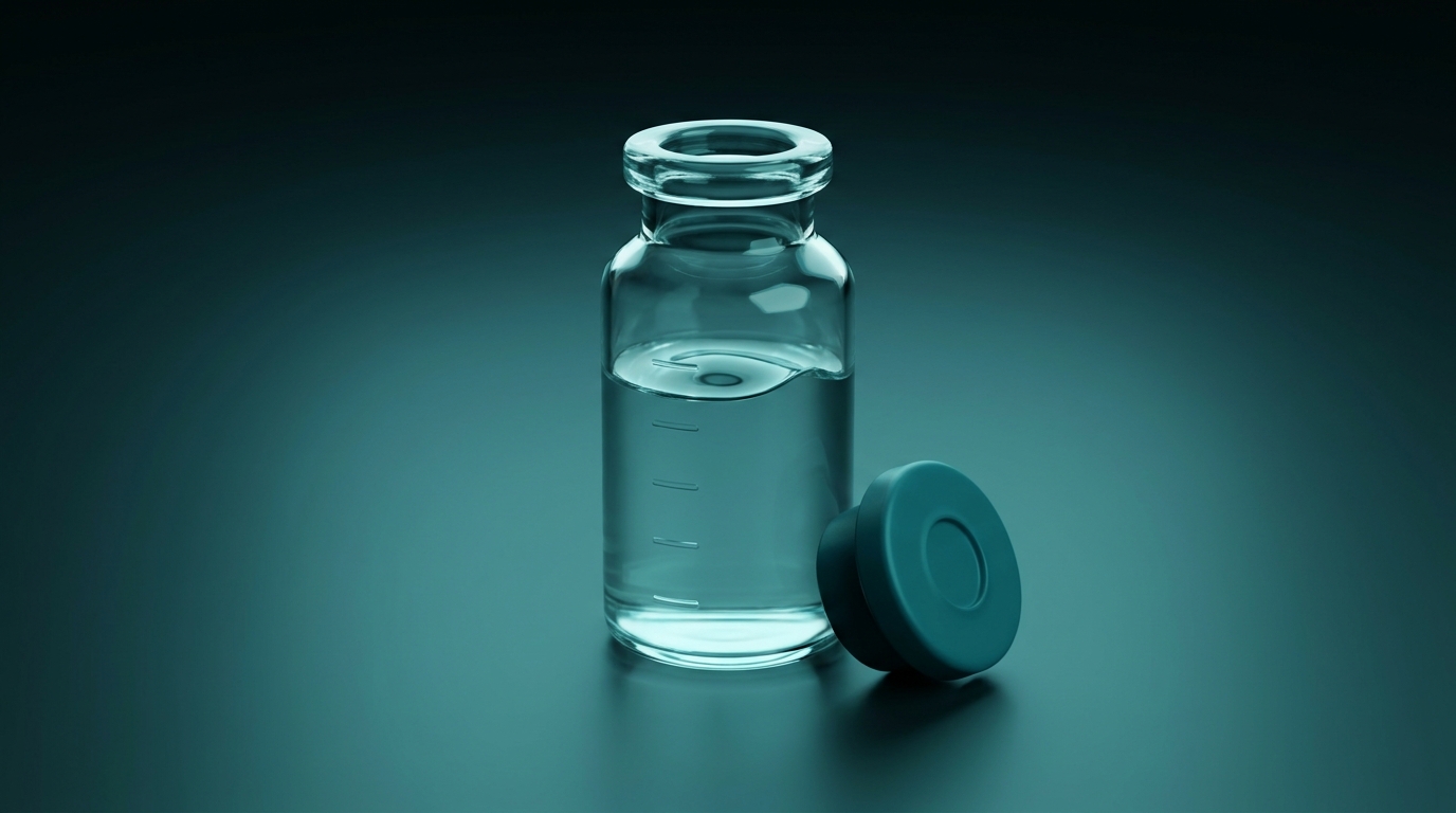 Scientific illustration: a graduated glass vial of clear peptide solution with its sealed stopper alongside, the curved meniscus visible at the liquid surface.