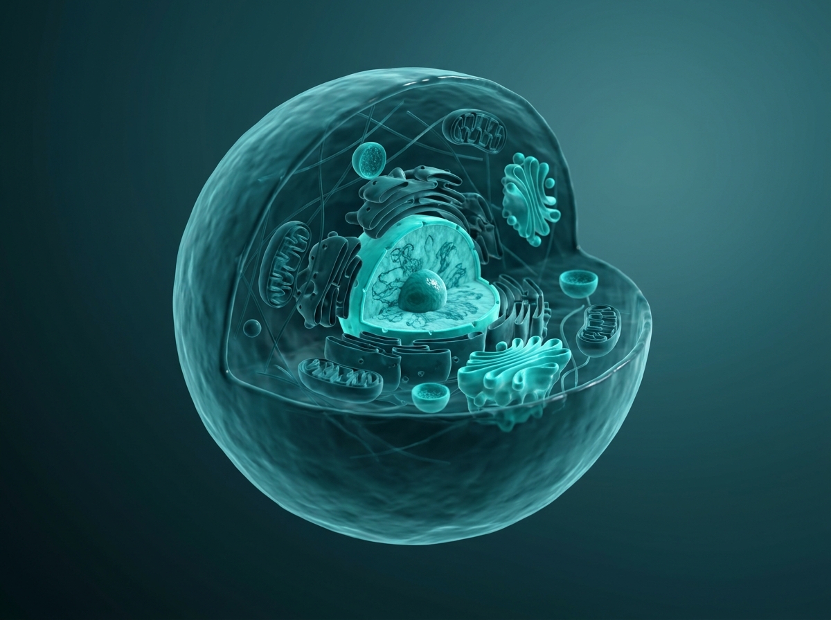Supporting figure: undefined, illustrating a healthy human cell with its organelles visible in cross-section.