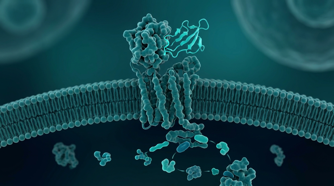 Abstract editorial illustration: undefined, representing a peptide molecule binding a cell-surface receptor and triggering a healthy cell response. PeptidePanel teal-and-cream palette.