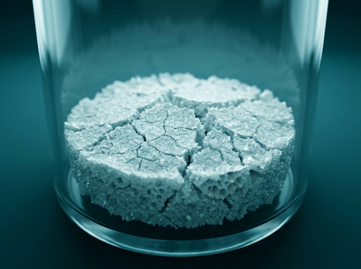 Supporting figure: a freeze-dried peptide cake of fine crystals resting at the base of a sealed sterile container.