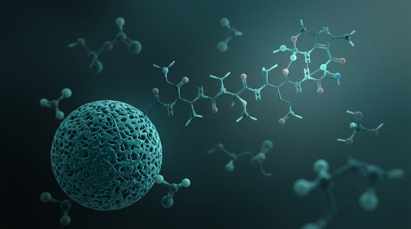 Scientific illustration: solid-phase peptide synthesis — a single amino acid being coupled onto a growing chain anchored to a polymer resin bead.
