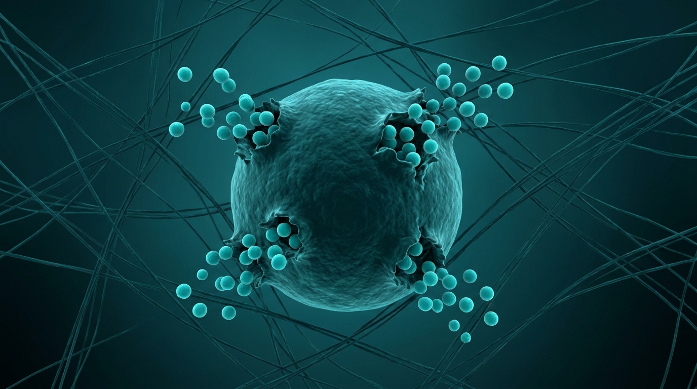 Scientific illustration: a mast cell releasing its histamine granules into the surrounding tissue.