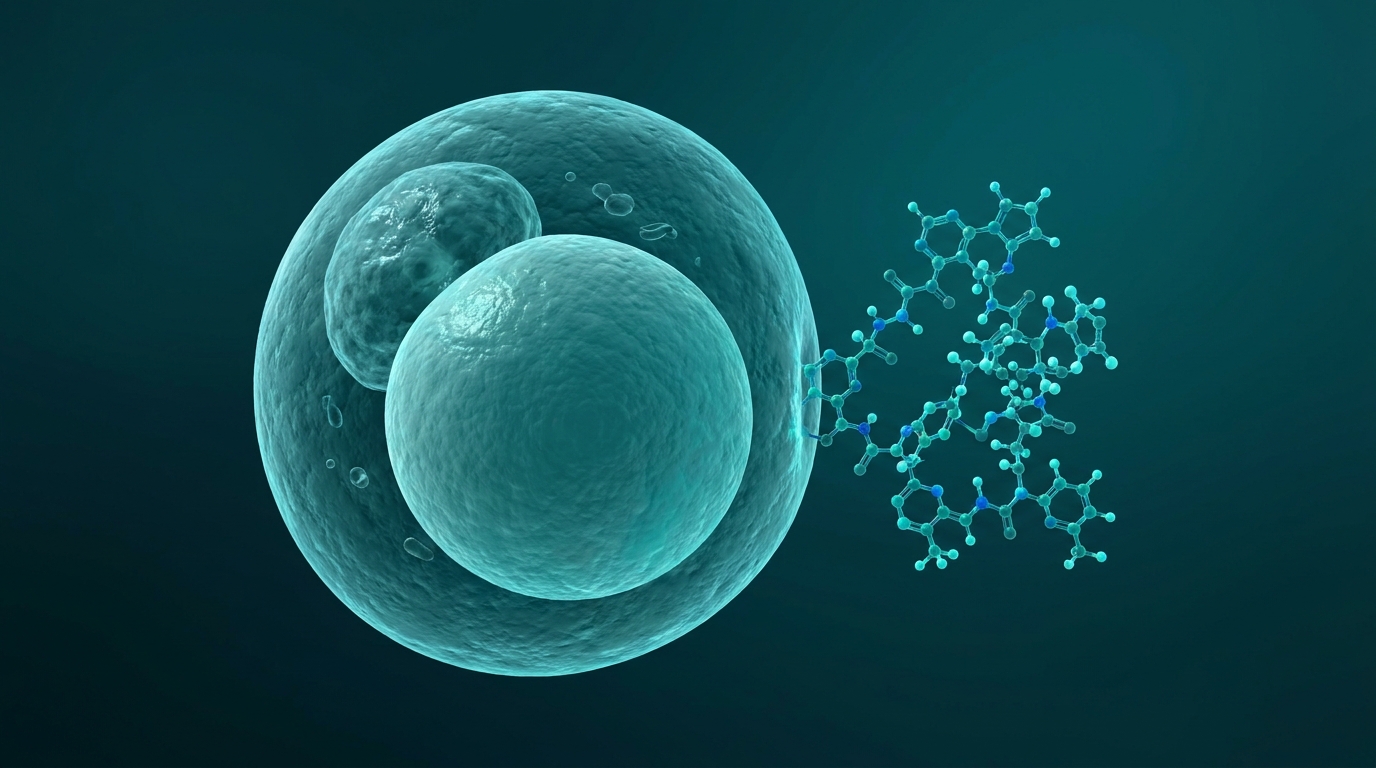 Abstract editorial illustration: undefined, representing a triple-agonist peptide molecule acting on a fat (adipose) cell shrinking. PeptidePanel teal-and-cream palette.