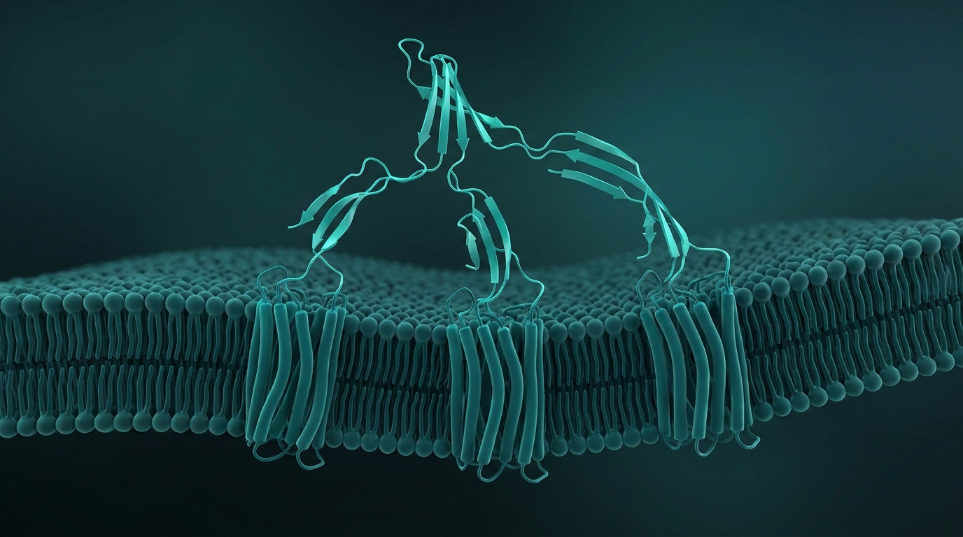Abstract editorial illustration: undefined, representing a triple-agonist peptide molecule engaging three different receptors embedded in a cell membrane. PeptidePanel teal-and-cream palette.