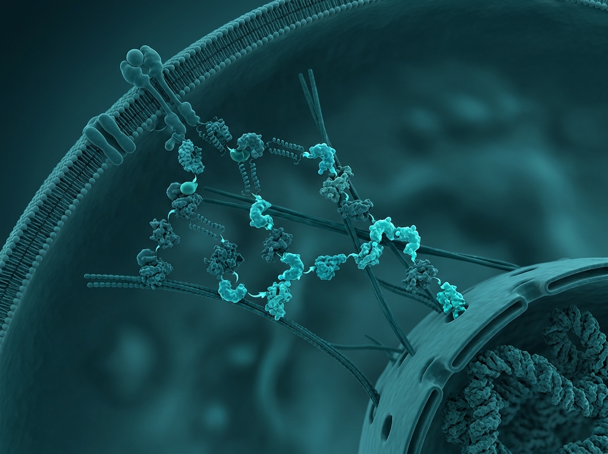 Supporting figure: an intracellular signaling cascade amplifying inward from the cell membrane after activation.
