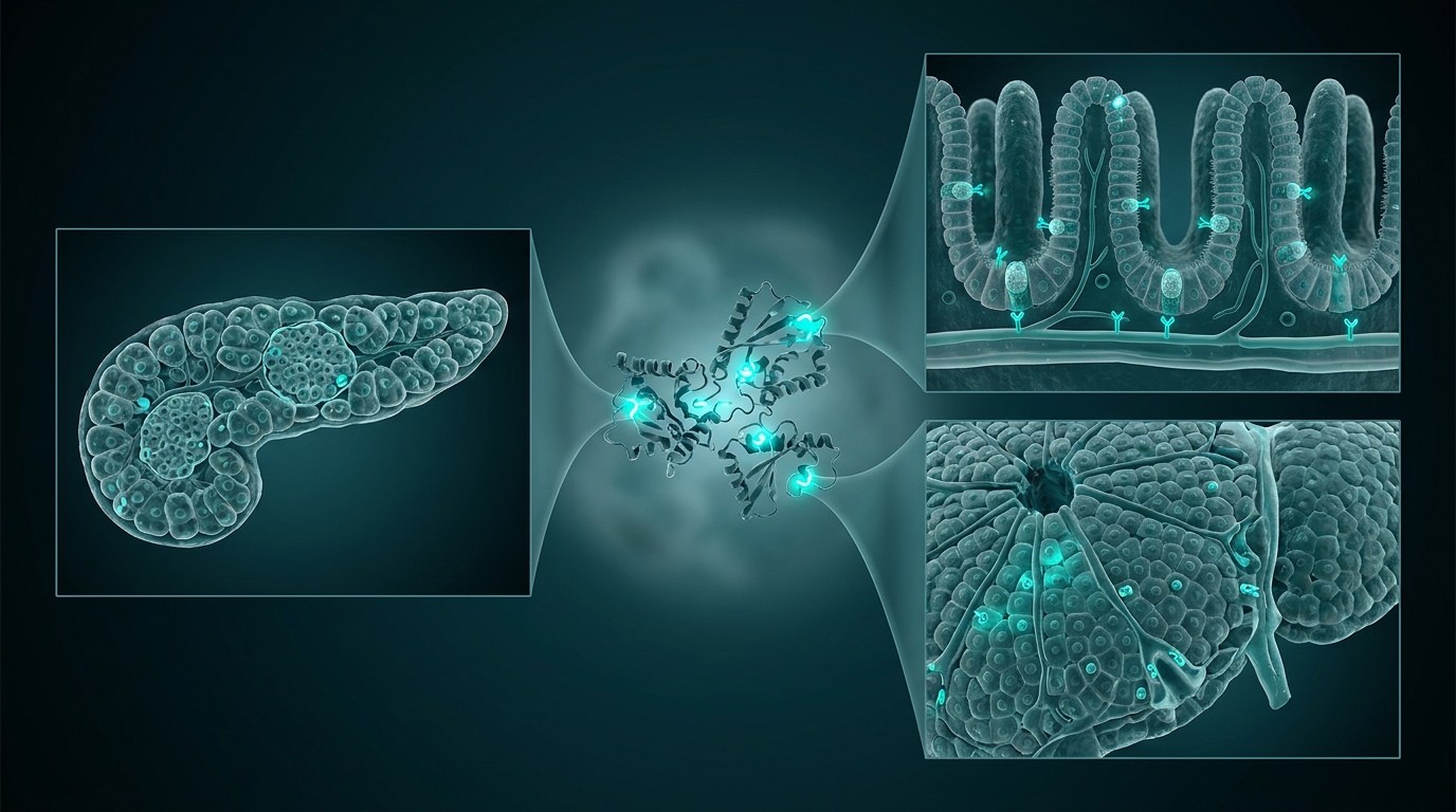 Scientific illustration: three separate metabolic tissues — pancreas, gut lining and liver — each responding to one shared signaling molecule.