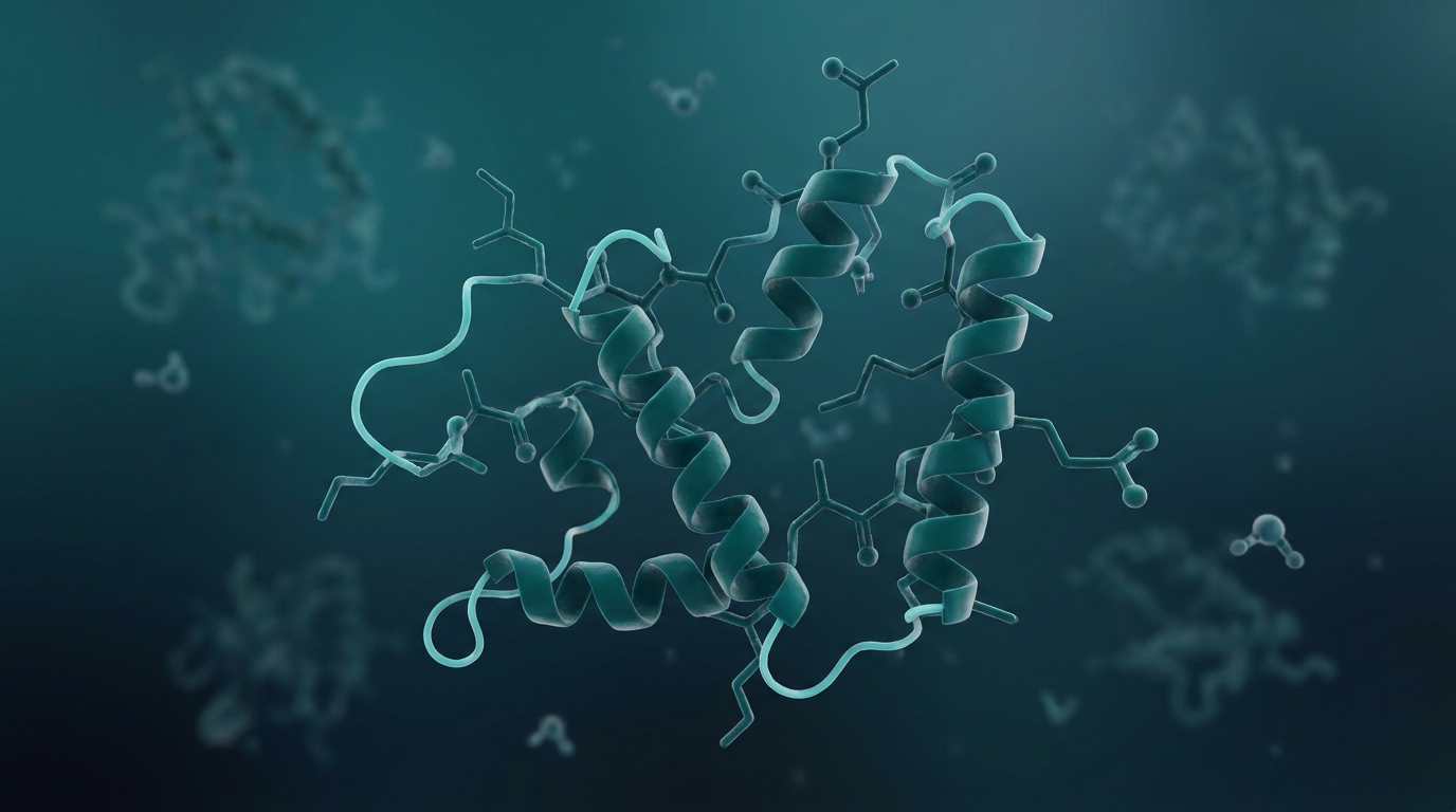 Abstract editorial illustration: undefined, representing the retatrutide peptide molecule as a folded 3D ribbon-and-helix structure floating in solution. PeptidePanel teal-and-cream palette.