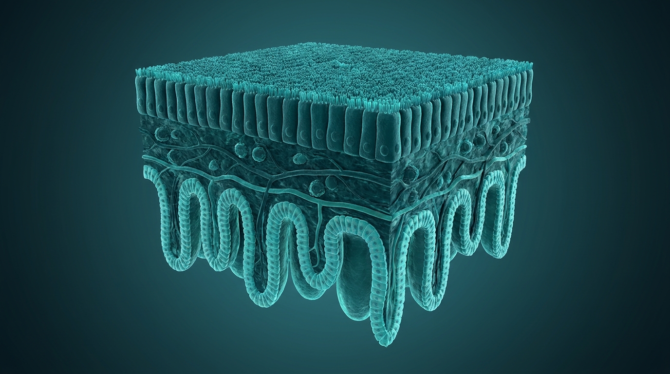 Abstract editorial illustration: undefined, representing the cellular lining of the stomach and gut wall (where GI effects originate). PeptidePanel teal-and-cream palette.