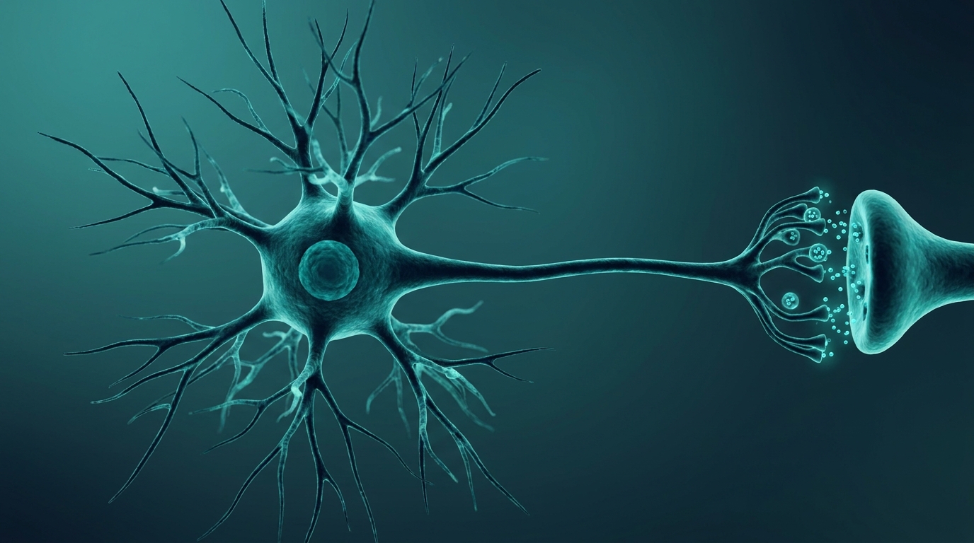 Scientific illustration: a neuron with its dendrites and axon, firing at a synapse.