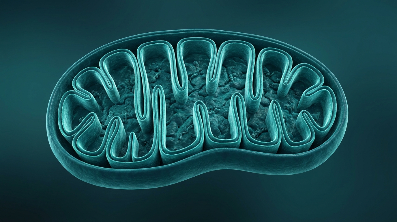 Scientific illustration: a mitochondrion showing its folded inner-membrane cristae in cross-section.