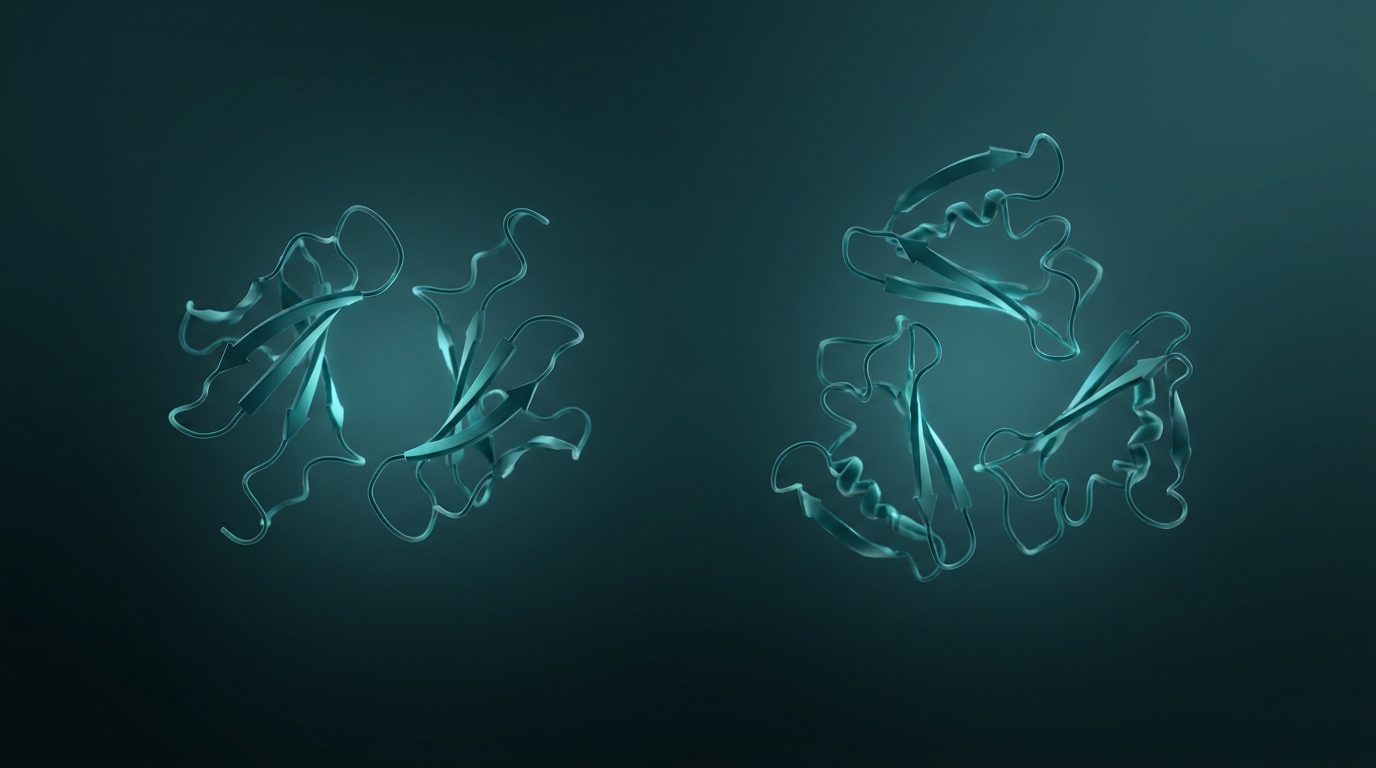 Abstract editorial illustration: undefined, representing two distinct peptide molecules side by side — a dual-agonist and a triple-agonist 3D structure. PeptidePanel teal-and-cream palette.