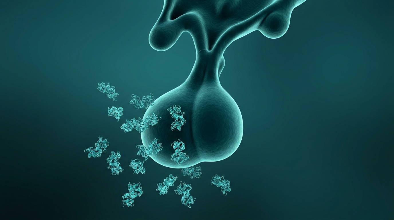 Abstract editorial illustration: undefined, representing the pituitary gland releasing growth hormone molecules. PeptidePanel teal-and-cream palette.