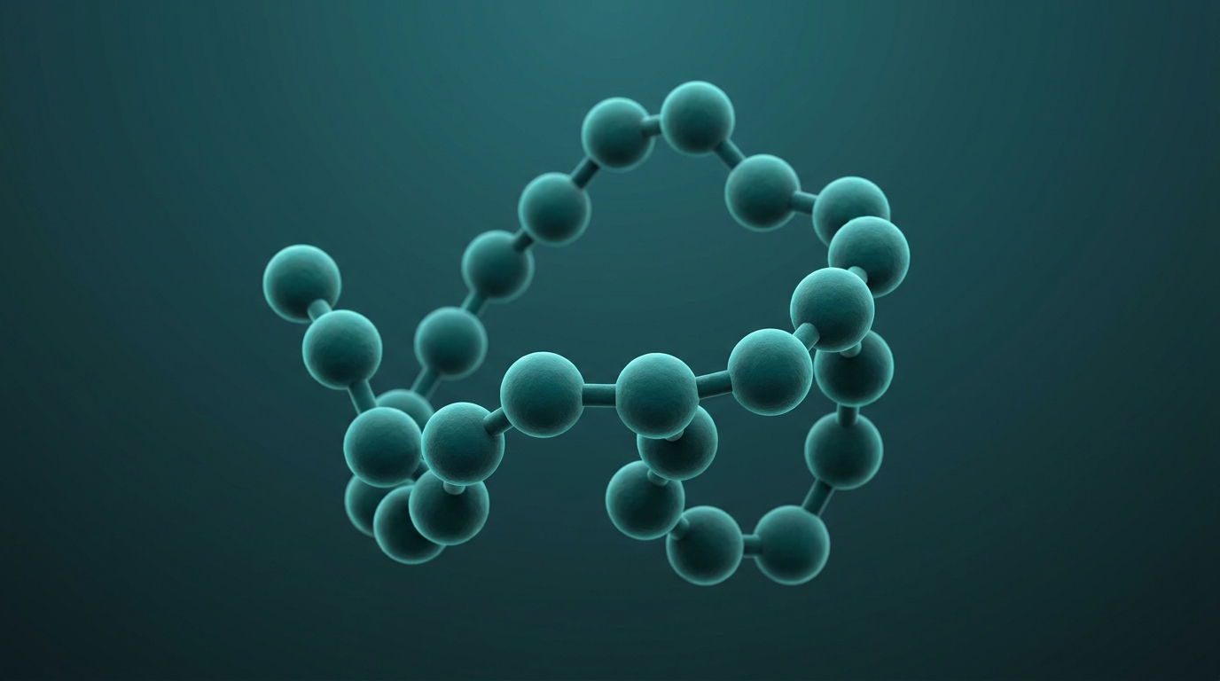 Abstract editorial illustration: undefined, representing a peptide molecule shown as a chain of amino-acid beads forming a 3D structure. PeptidePanel teal-and-cream palette.