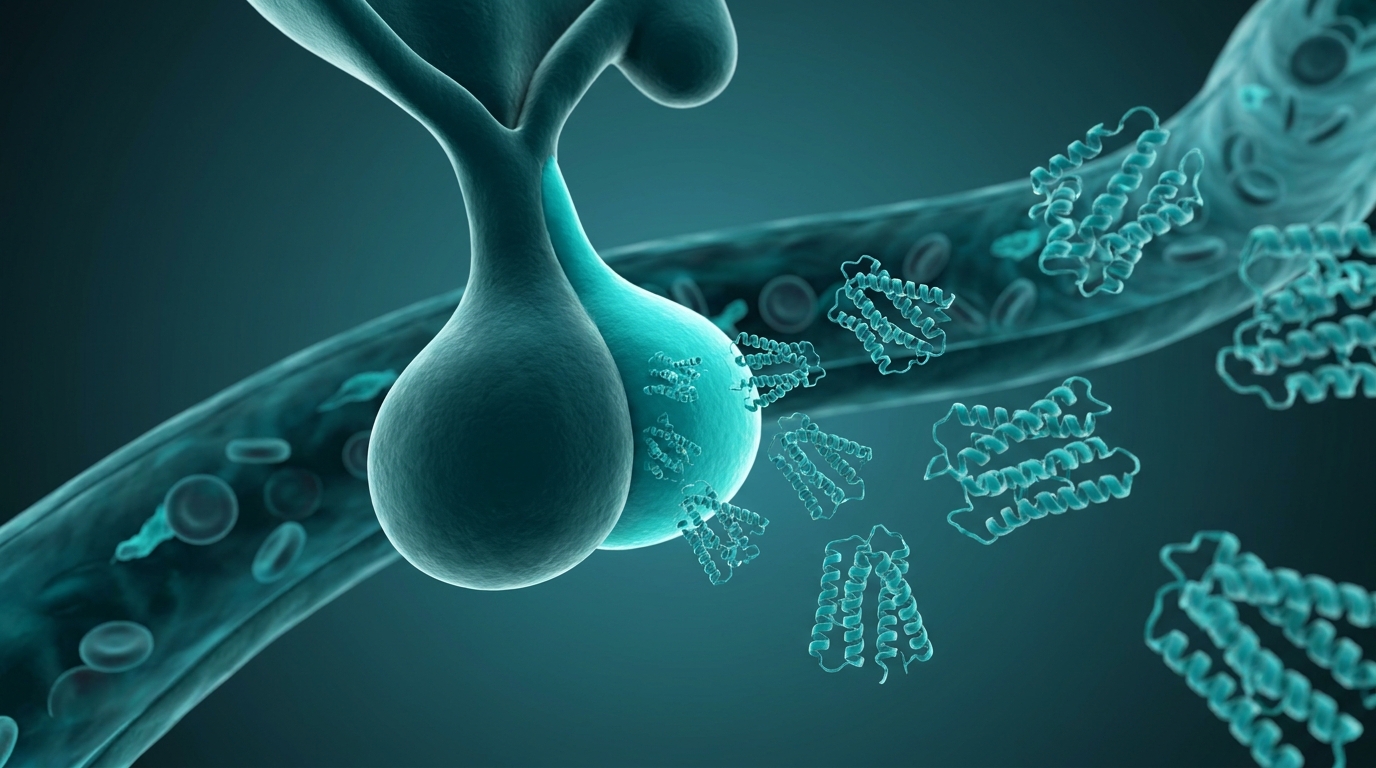 Scientific illustration: the pituitary gland releasing growth-hormone molecules into the bloodstream.