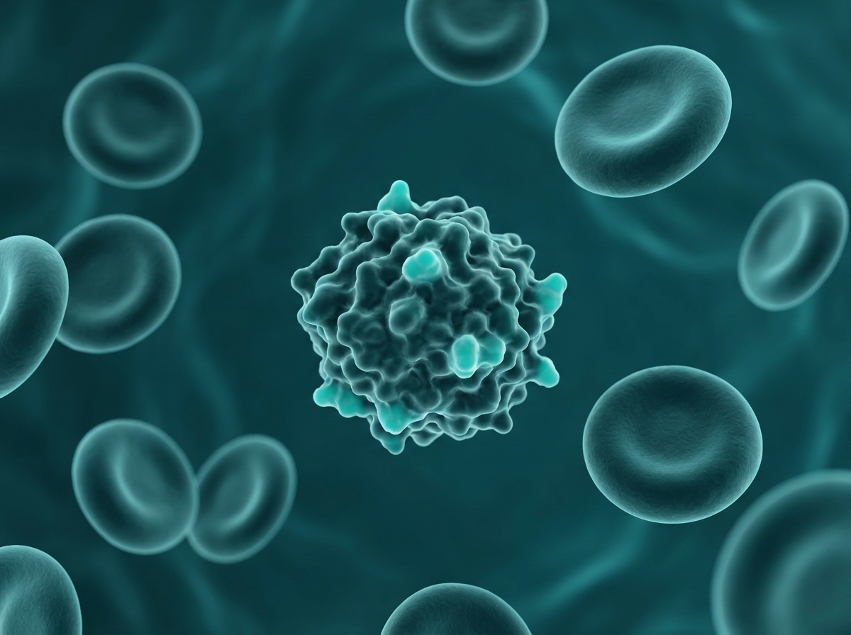 Supporting figure: a growth-hormone molecule circulating among blood cells.