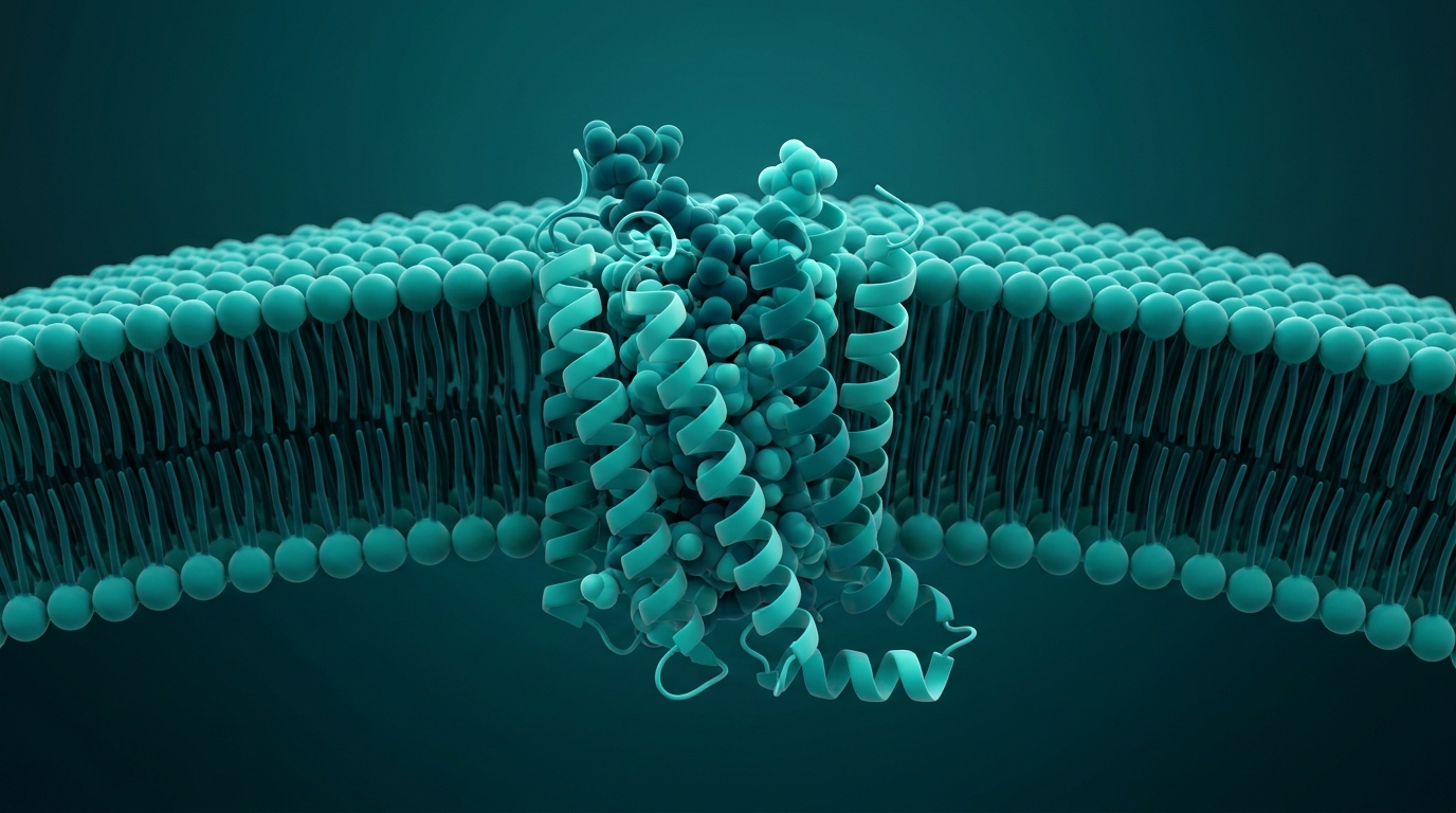 Scientific illustration: a growth-hormone secretagogue receptor embedded in a cell membrane with a peptide binding.