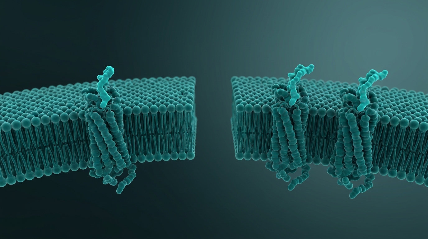Scientific illustration: two cell membranes — one with a single GLP-1 receptor engaged, one with two receptors engaged by a peptide.