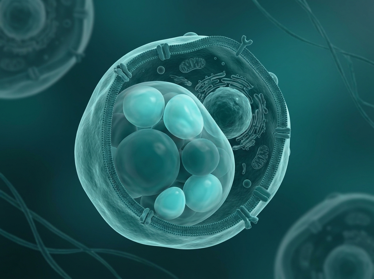 Supporting figure: a fat (adipose) cell shrinking as stored lipid decreases.