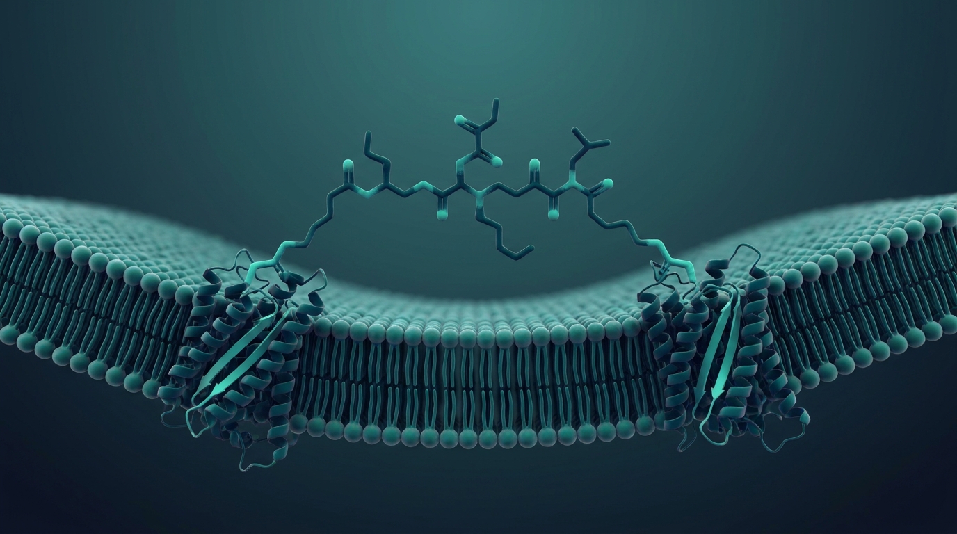Scientific illustration: a dual-agonist peptide engaging two different receptors in a cell membrane.