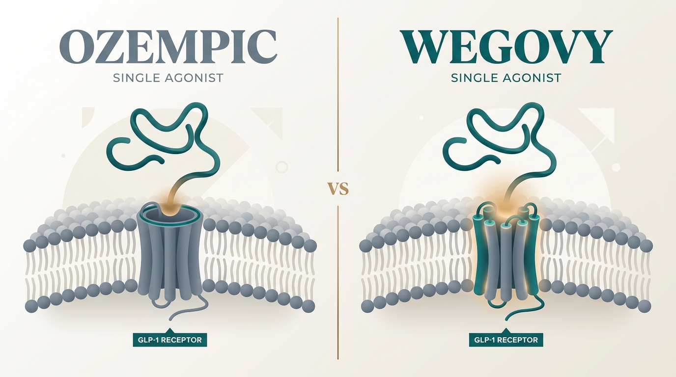 Educational mechanism-of-action diagram showing that Ozempic and Wegovy share the same single GLP-1 receptor mechanism. Both panels — labeled OZEMPIC and WEGOVY, each "single agonist" — show a semaglutide peptide binding one GLP-1 receptor in a cell membrane, separated by a central VS, illustrating they are the same molecule under two brand names.