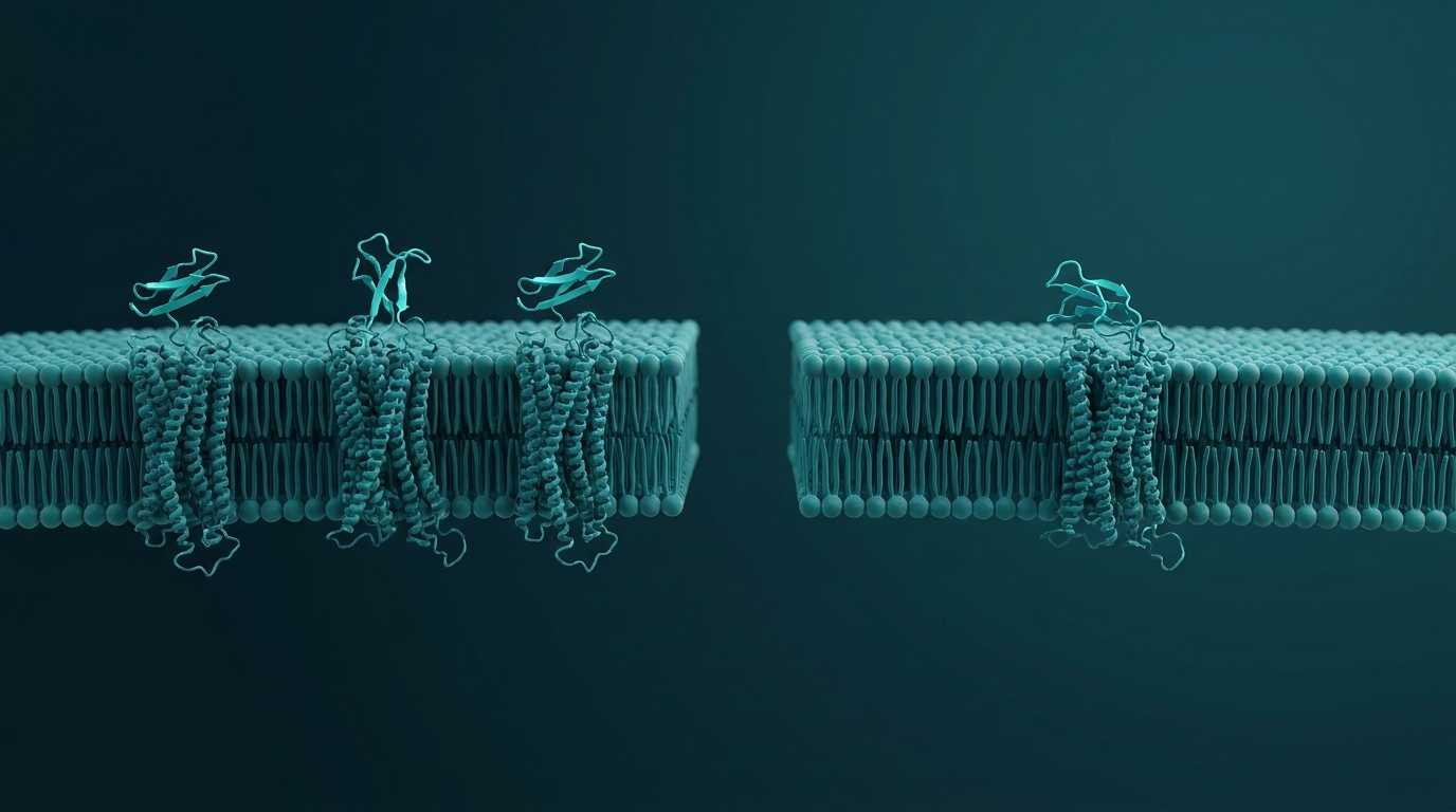 Scientific illustration: two cell membranes — one with three receptors engaged by a peptide, one with a single receptor engaged.