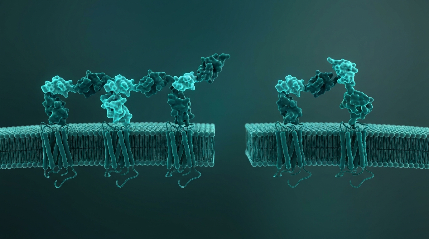Scientific illustration: a triple-agonist peptide engaging three receptors next to a dual-agonist peptide engaging two.