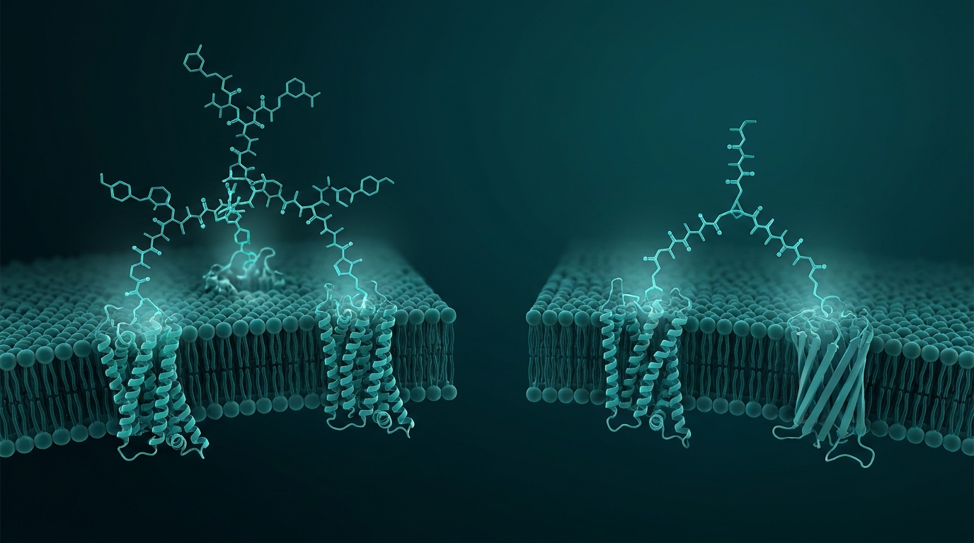 Scientific illustration: a triple-agonist peptide at three receptors beside a dual-agonist peptide at two receptors.